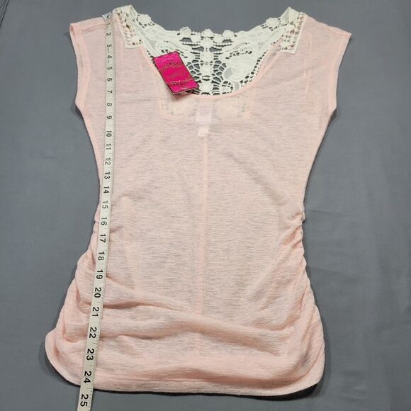 Candies Pink Preppy Bodycon Shirt Lace Gathers Cap Sleeves NEW $34 Womens Size S - Picture 6 of 7